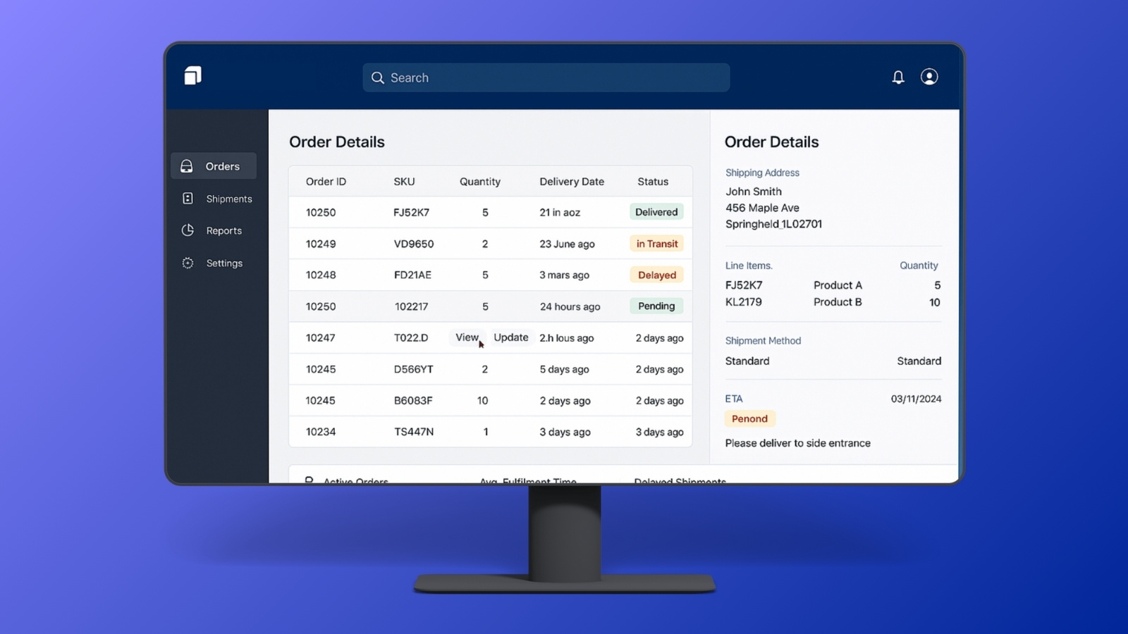 Portal outcomes dashboard and order status details.