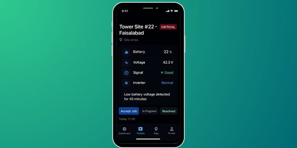 Mobile app ticket view illustrating critical site alert workflow on a green-blue gradient background.